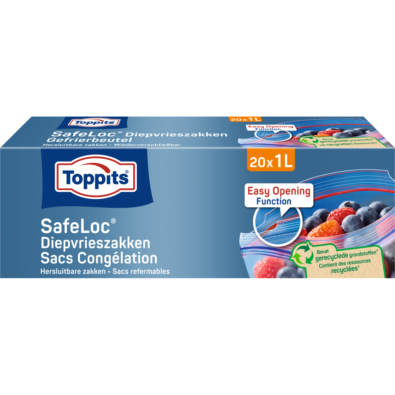 Voorkant van een blauwe Toppits-verpakking voor SafeLoc diepvrieszakken. 