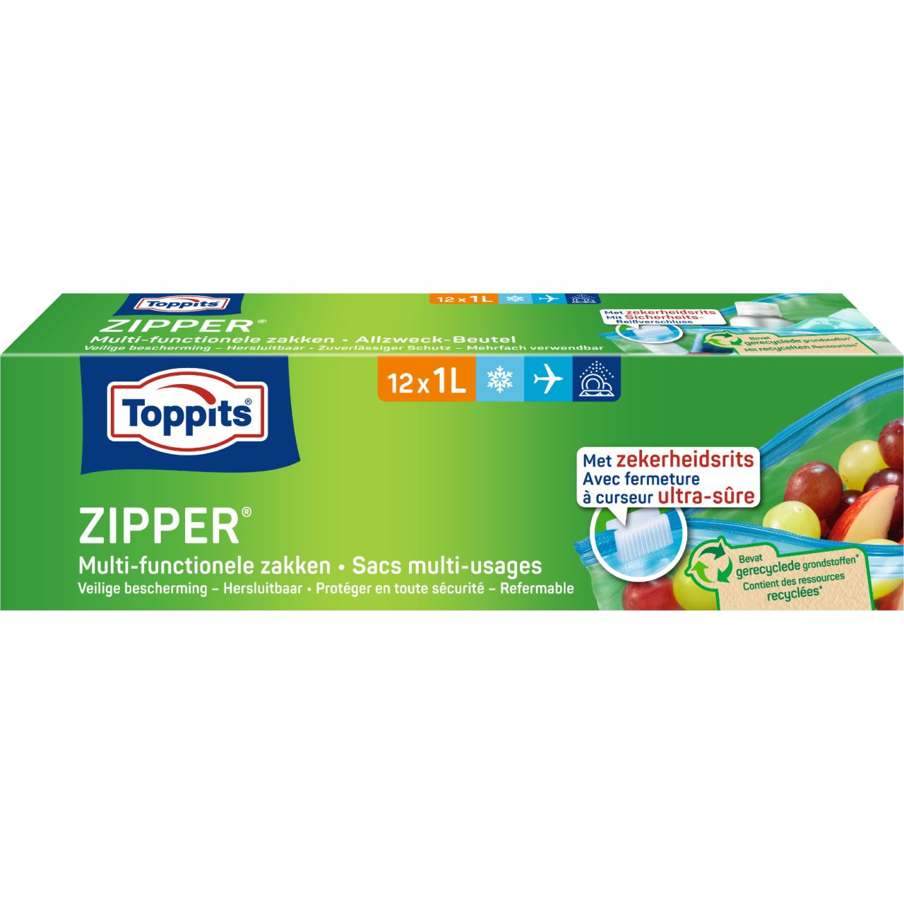 Voorkant van een Toppits-verpakking voor ZIPPER multi-functionele zakken. 