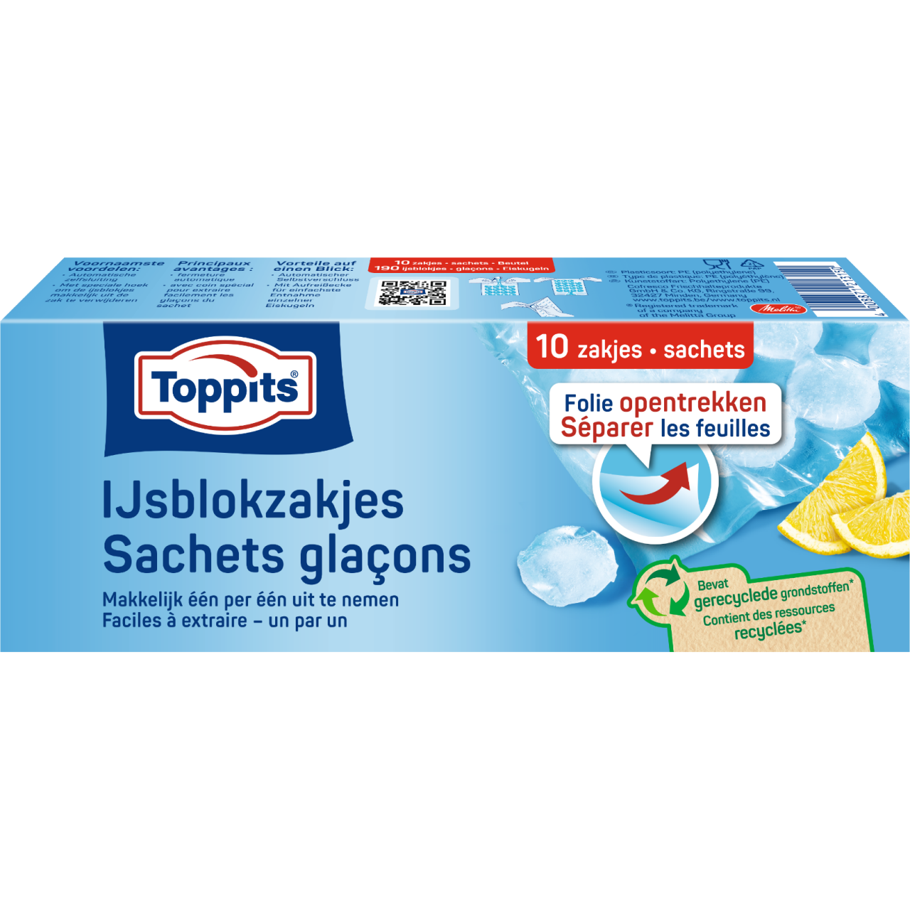 Voorkant van Toppits ijsblokzakjes verpakking, 10 zakjes, folie opentrekken, met gerecyclede grondstoffen.