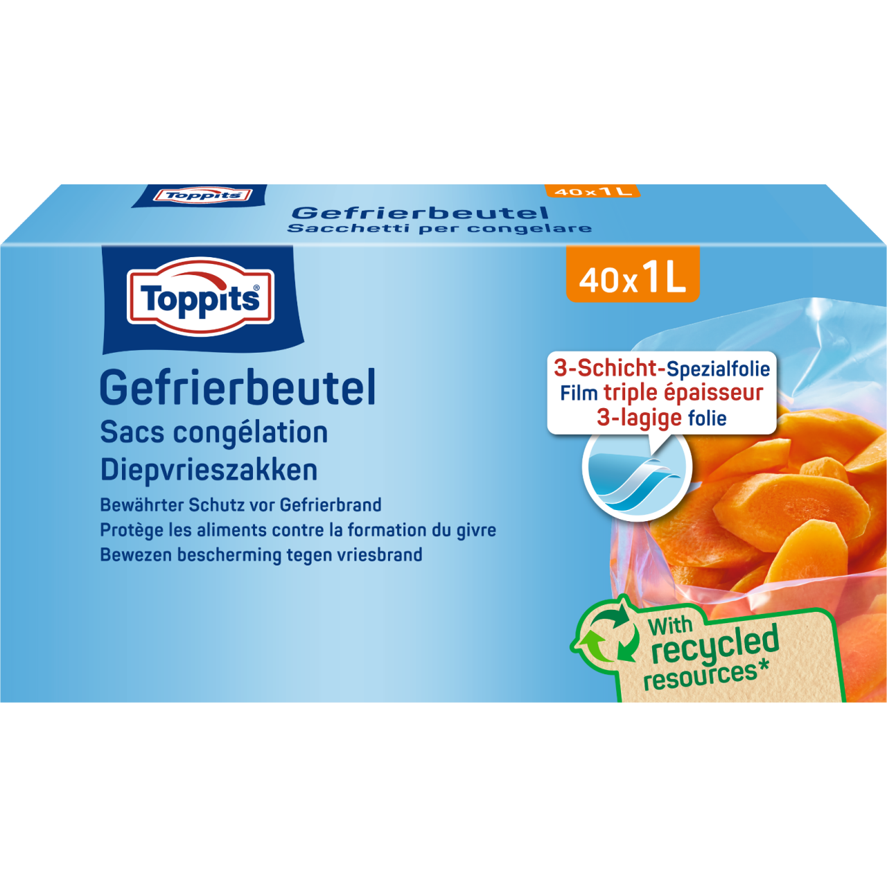 Voorkant van een blauwe Toppits-verpakking diepvrieszakken .