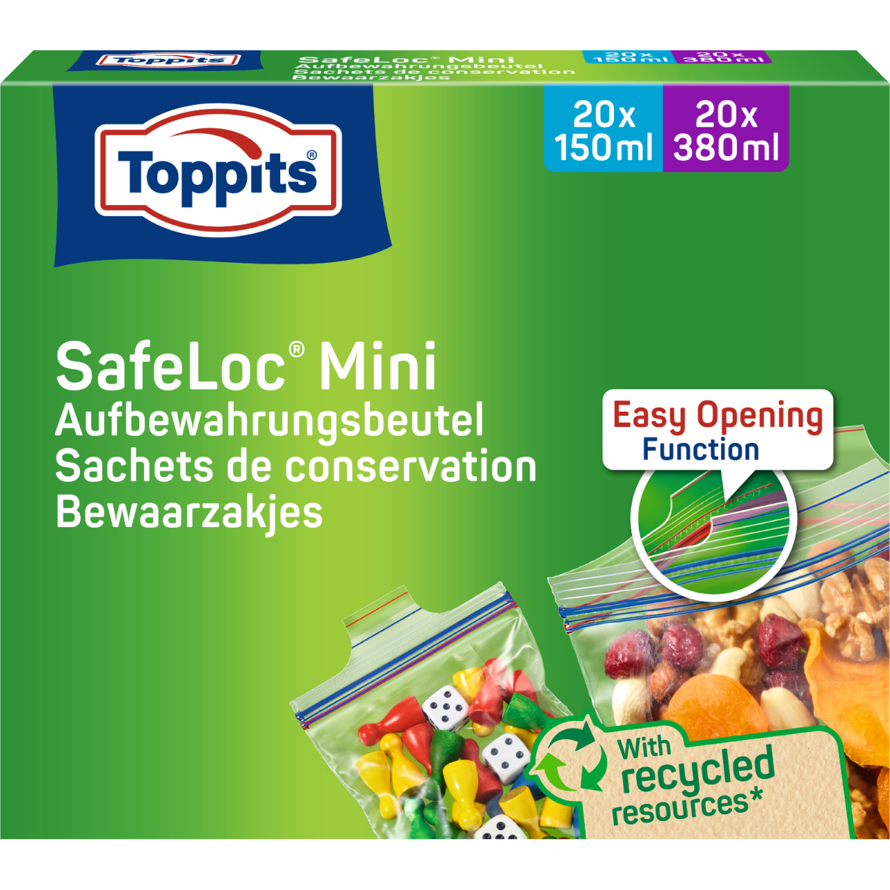 Voorkant van een Toppits-verpakking voor SafeLoc Mini Bewaarzakjes.