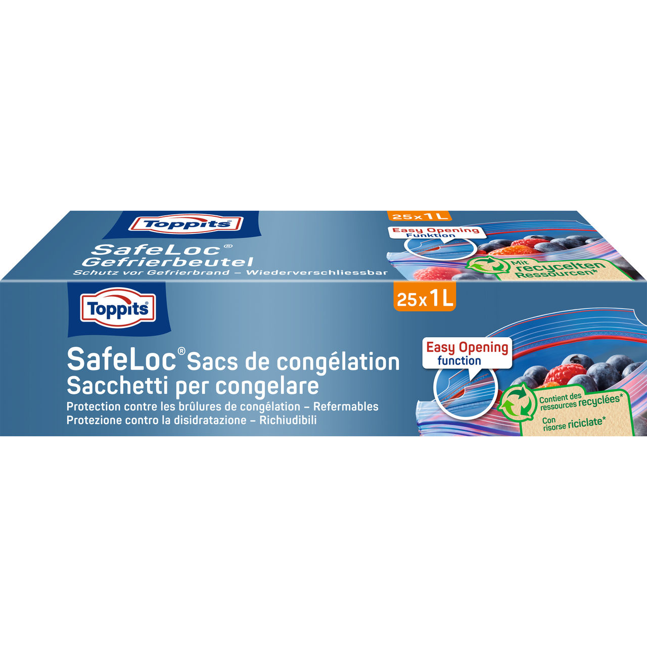 Vue avant de la boîte de sacs de congélation Toppits® SafeLoc®  25 x 1L