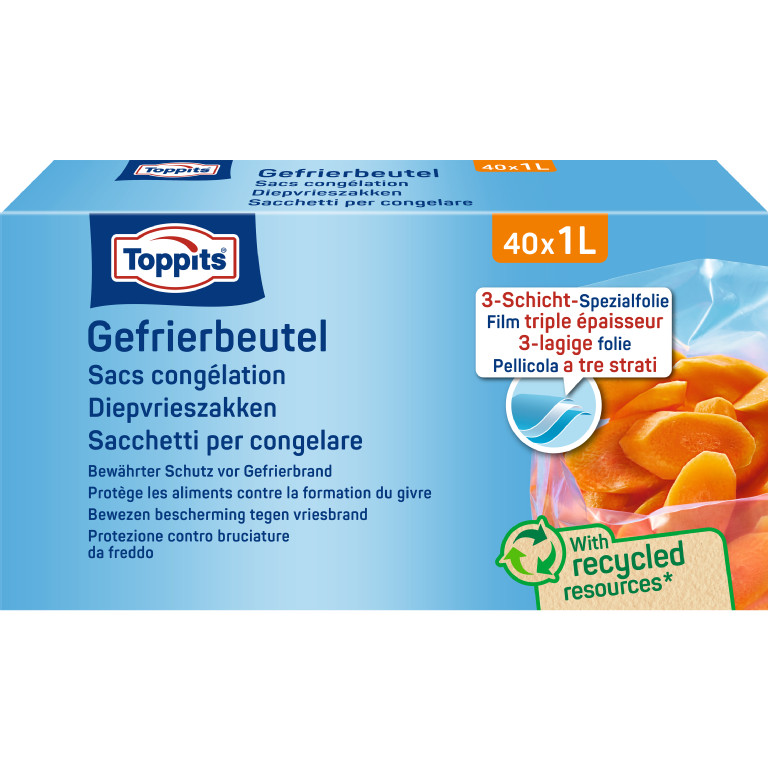 Vorderseite der Verpackung der Toppits Gefrierbeutel