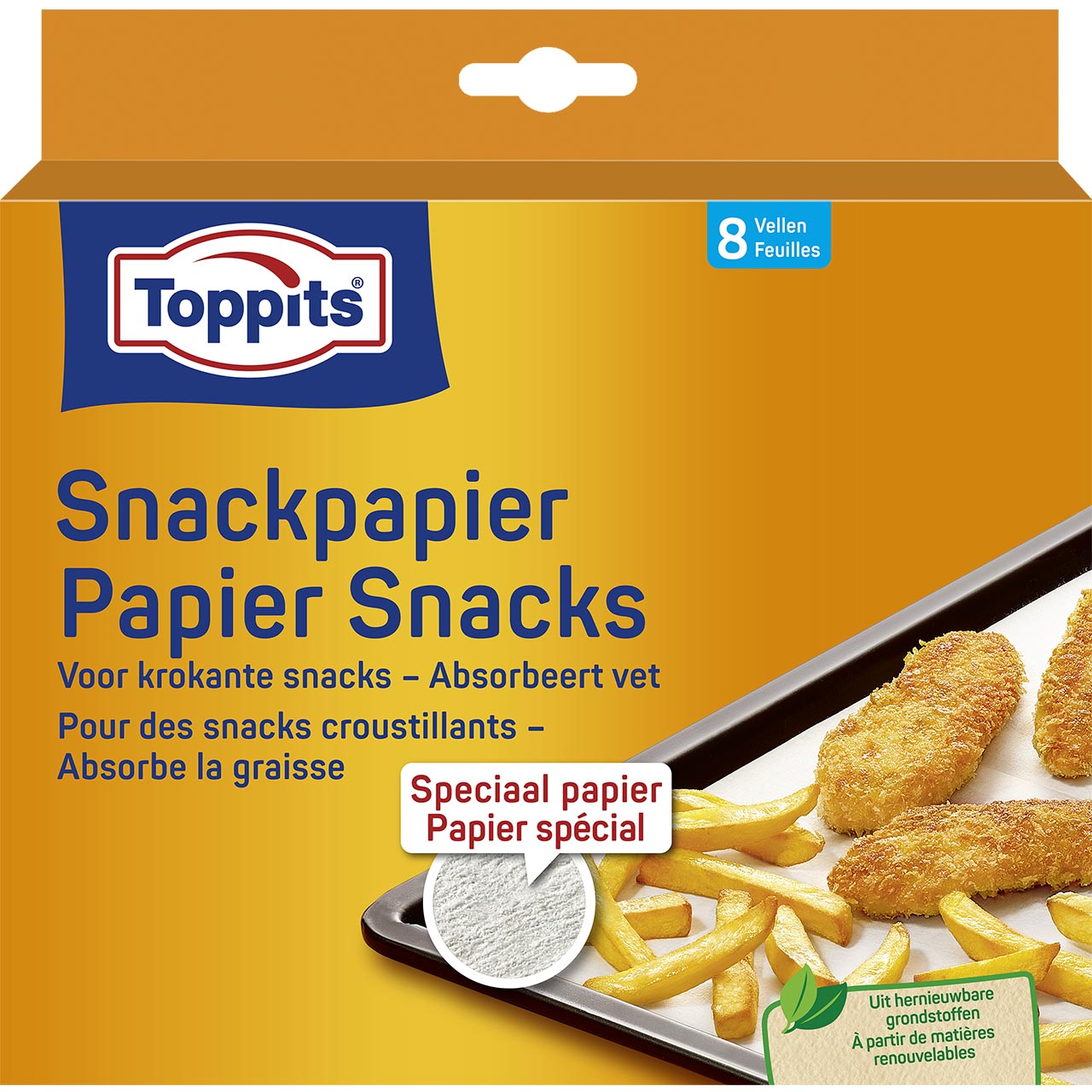 Voorkant van Toppits Cross & Frit papier met afbeelding van bakplaat met snacks en friet.