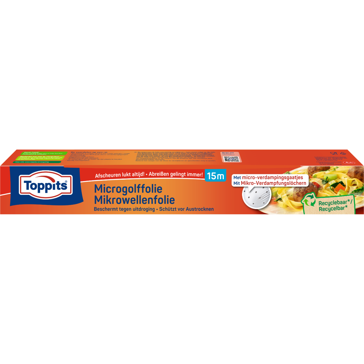 Voorkant van Toppits magnetronfolie 15m met Nederlands-Franse tekst en afbeelding van eten.