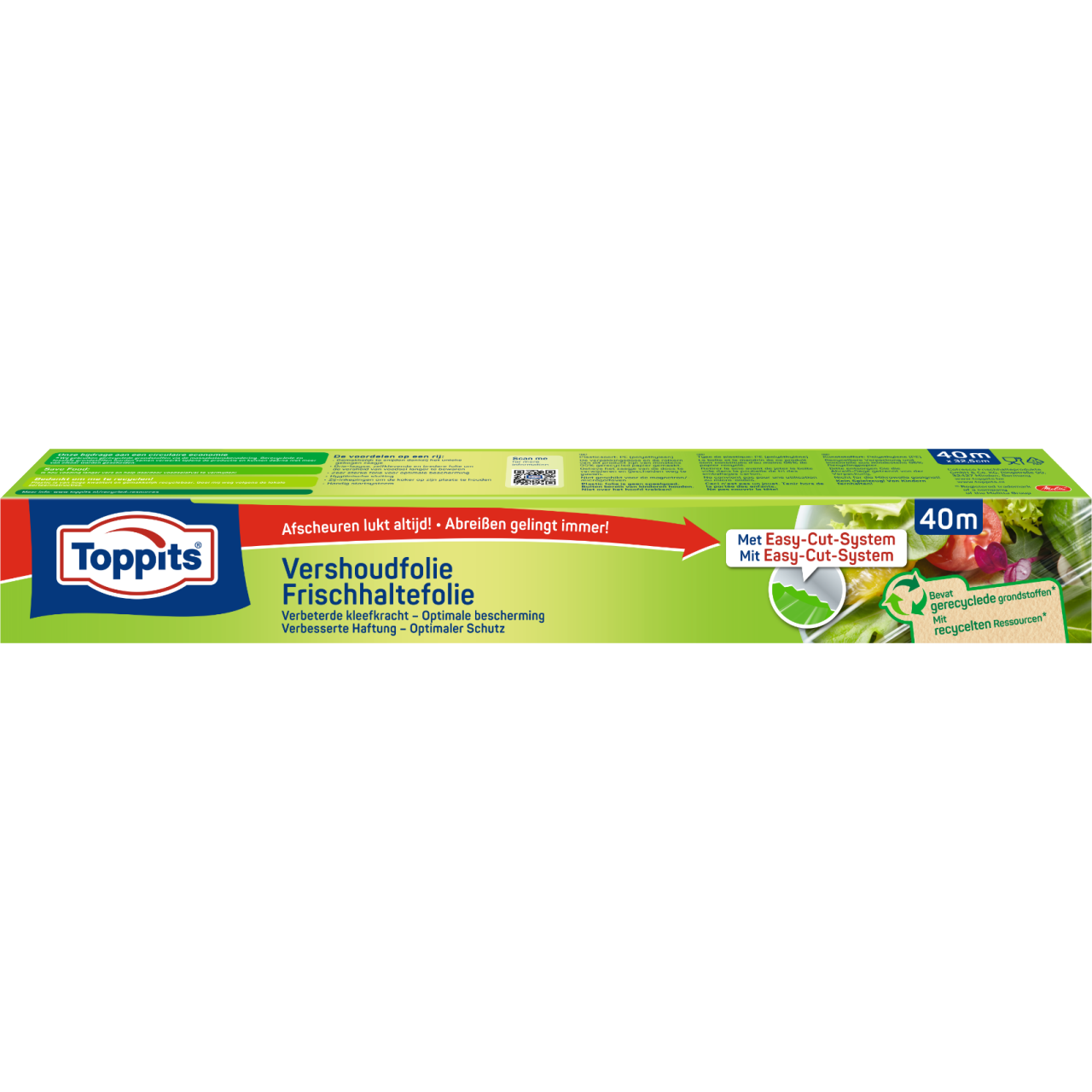 Voorkant van Toppits vershoudfolie verpakking, 40 meter, met Easy-Cut-System en informatie over gerecyclede grondstoffen 