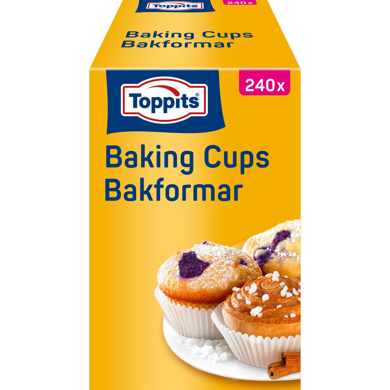 Voorkant van Toppits Baking Cups verpakking, 240 stuks, met afbeeldingen van muffins en kaneelbroodje.