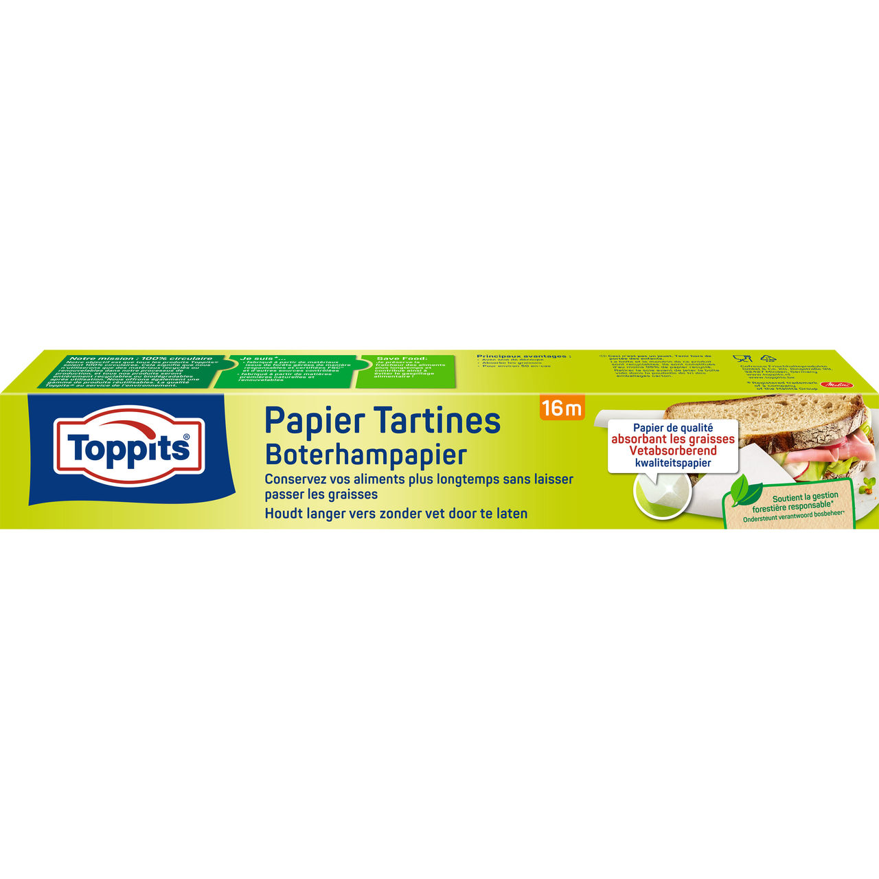 Voorkant van Toppits boterhampapier 16m met Duitse tekst en afbeelding van een sandwich.