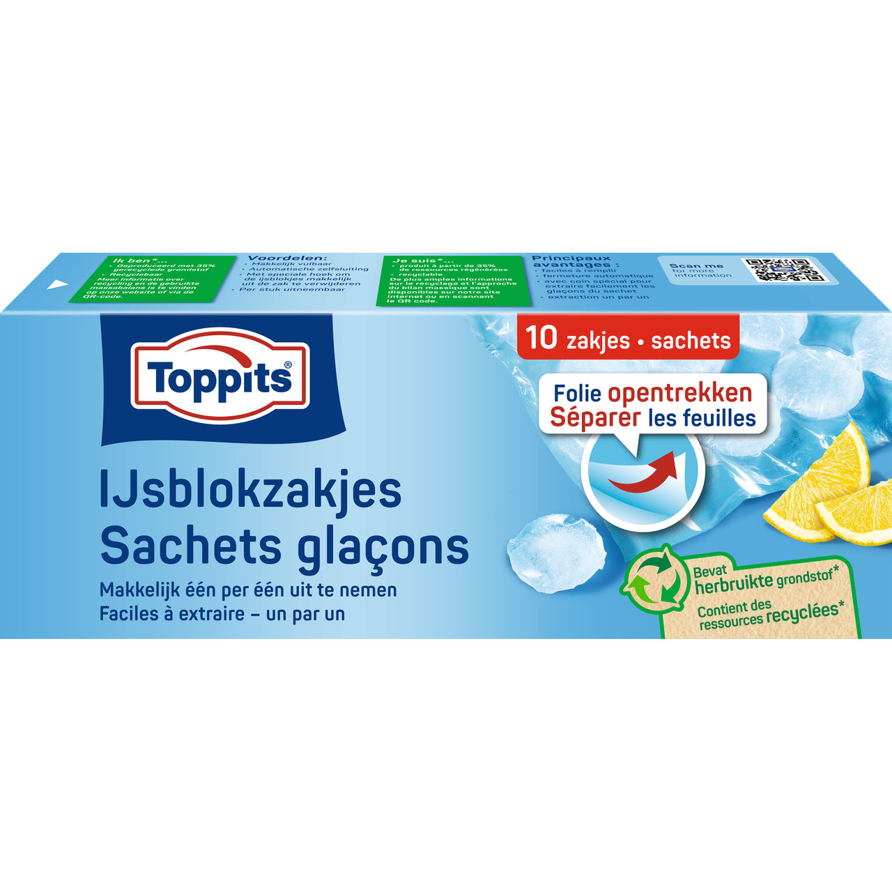 Voorkant van Toppits ijsblokzakjes verpakking, 10 zakjes, folie opentrekken, met gerecyclede grondstoffen.